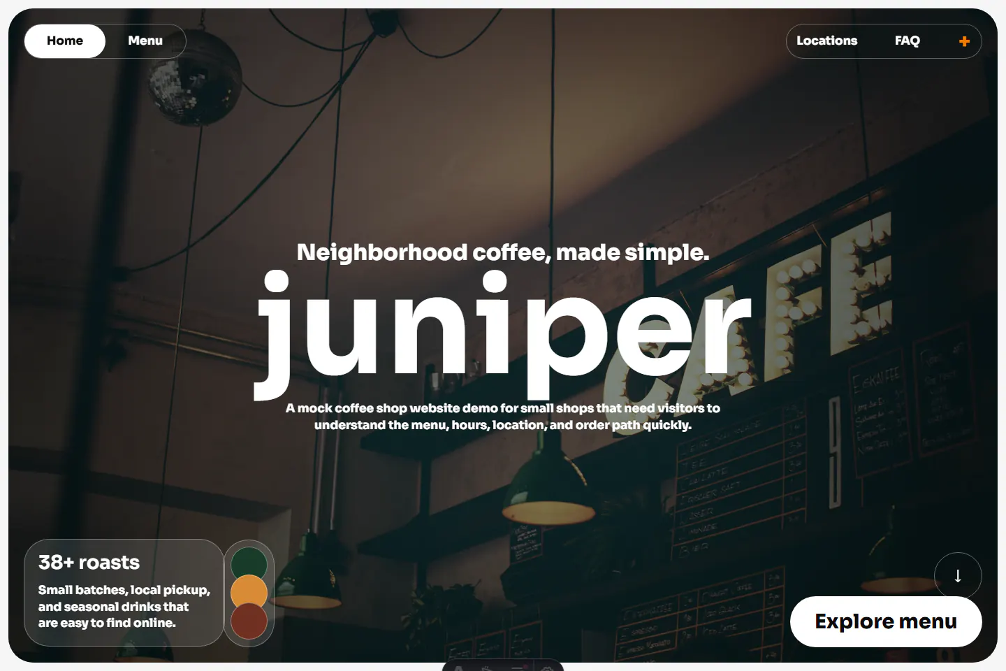 Juniper House coffee shop website demo homepage preview