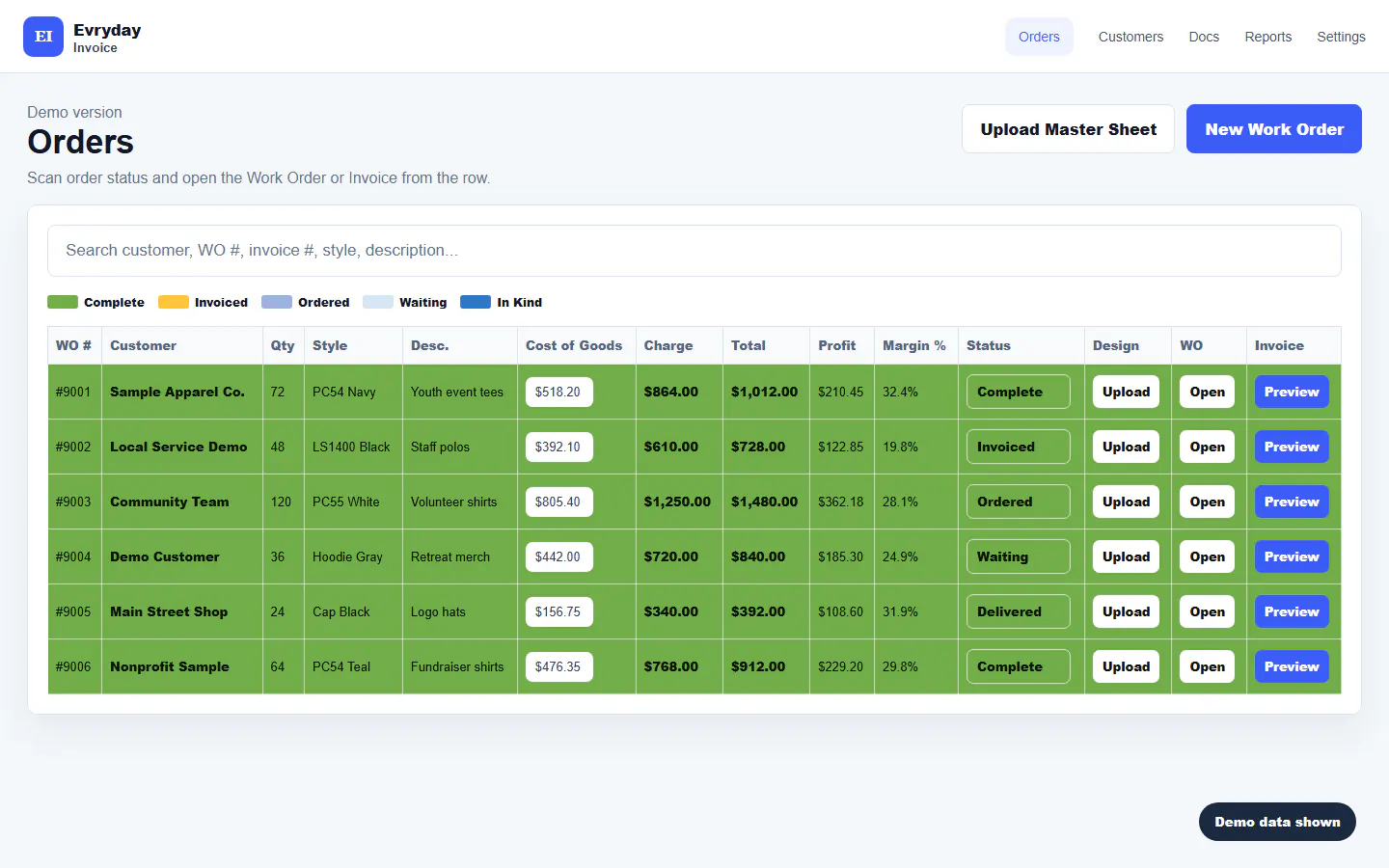 Evryday Invoice app screenshot with demo data