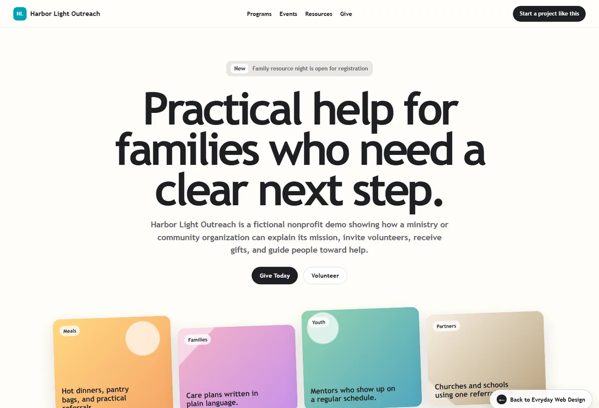 Harbor Light Outreach nonprofit and ministry website demo homepage preview