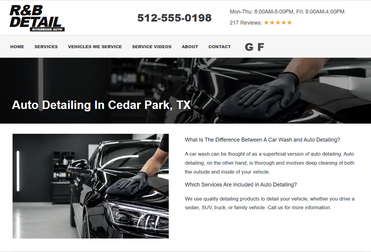 Fictional Riverbend Auto Detailing website homepage mockup