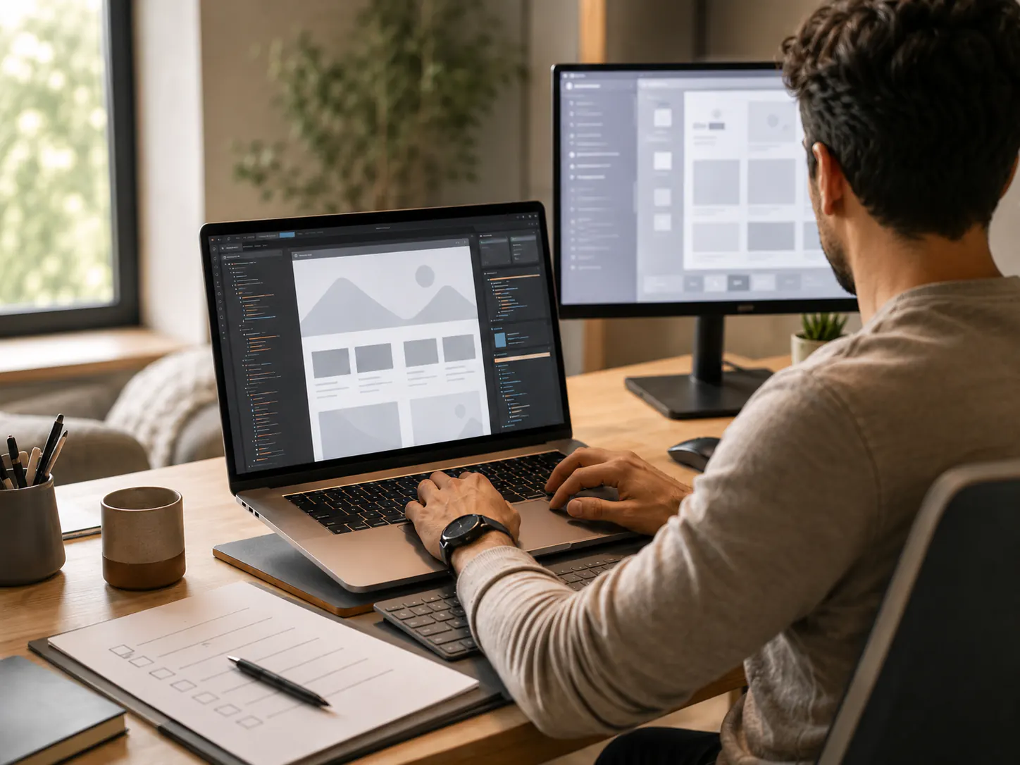 Website build interface open on a laptop and monitor