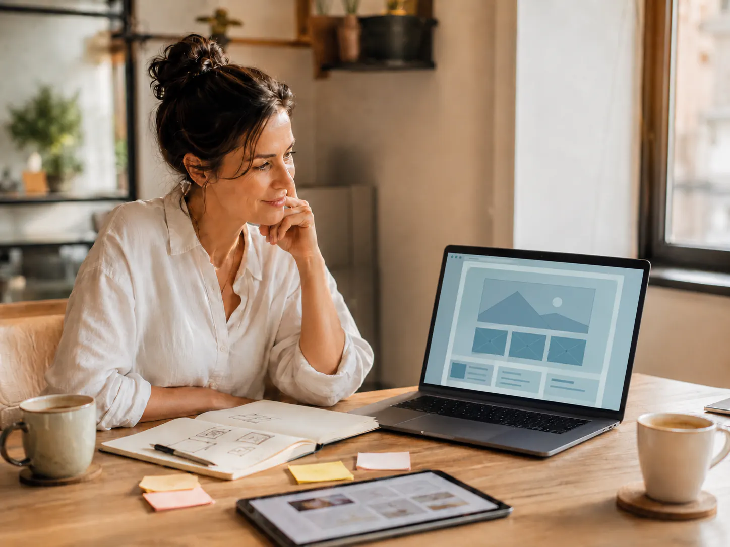 Non-technical business owner reviewing website ideas at a laptop